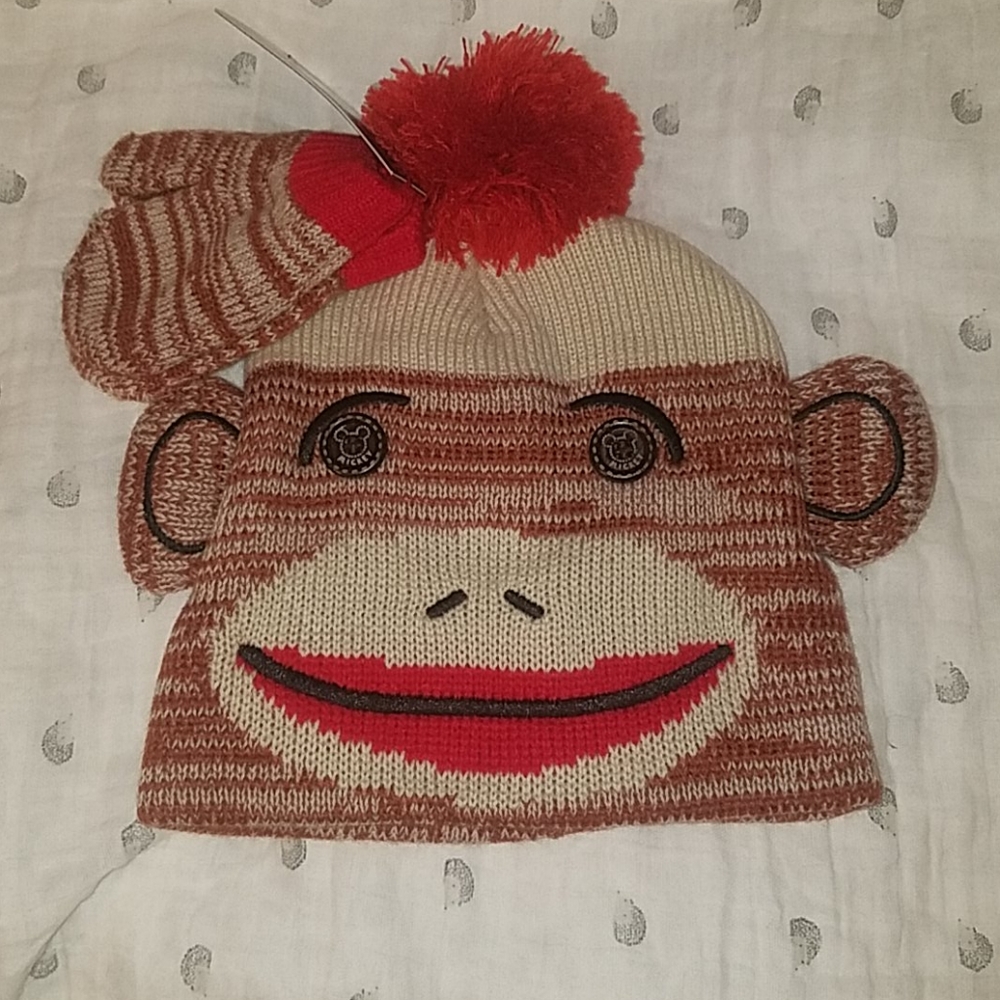 NWT-Free w/$20 purchase Sock monkey hat/mitten set